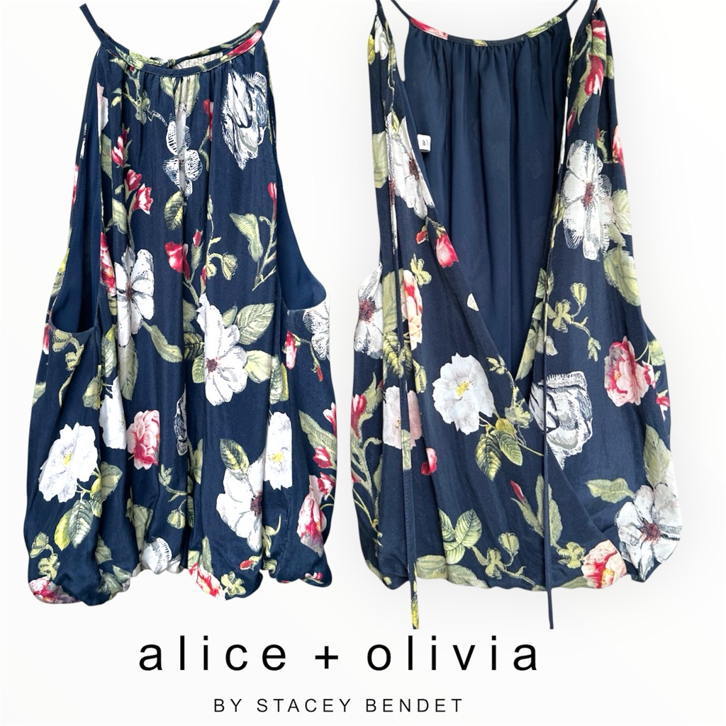Nwot Alice + Olivia Silk Navy Floral Halter Tie-Back Gathered High Neck Top Xs